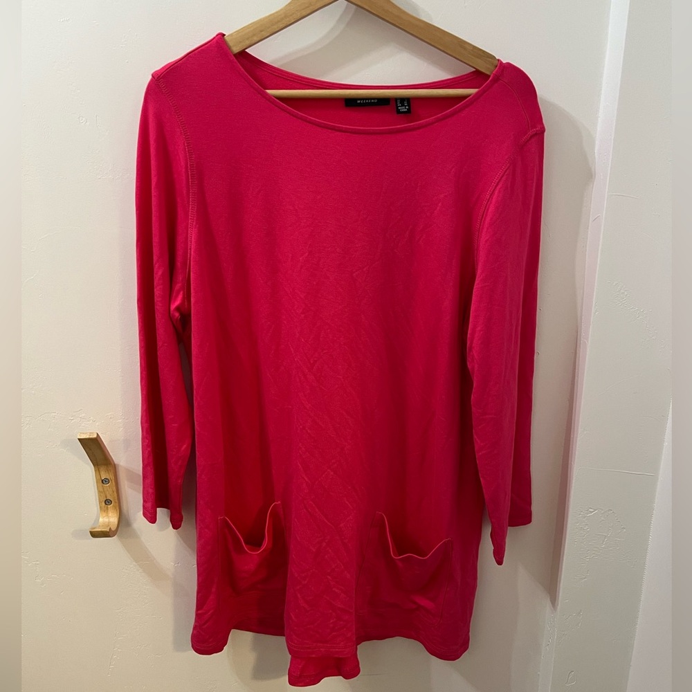 Susan Graver Weekend Pink Stretchy Long Shirt Pocket Blouse